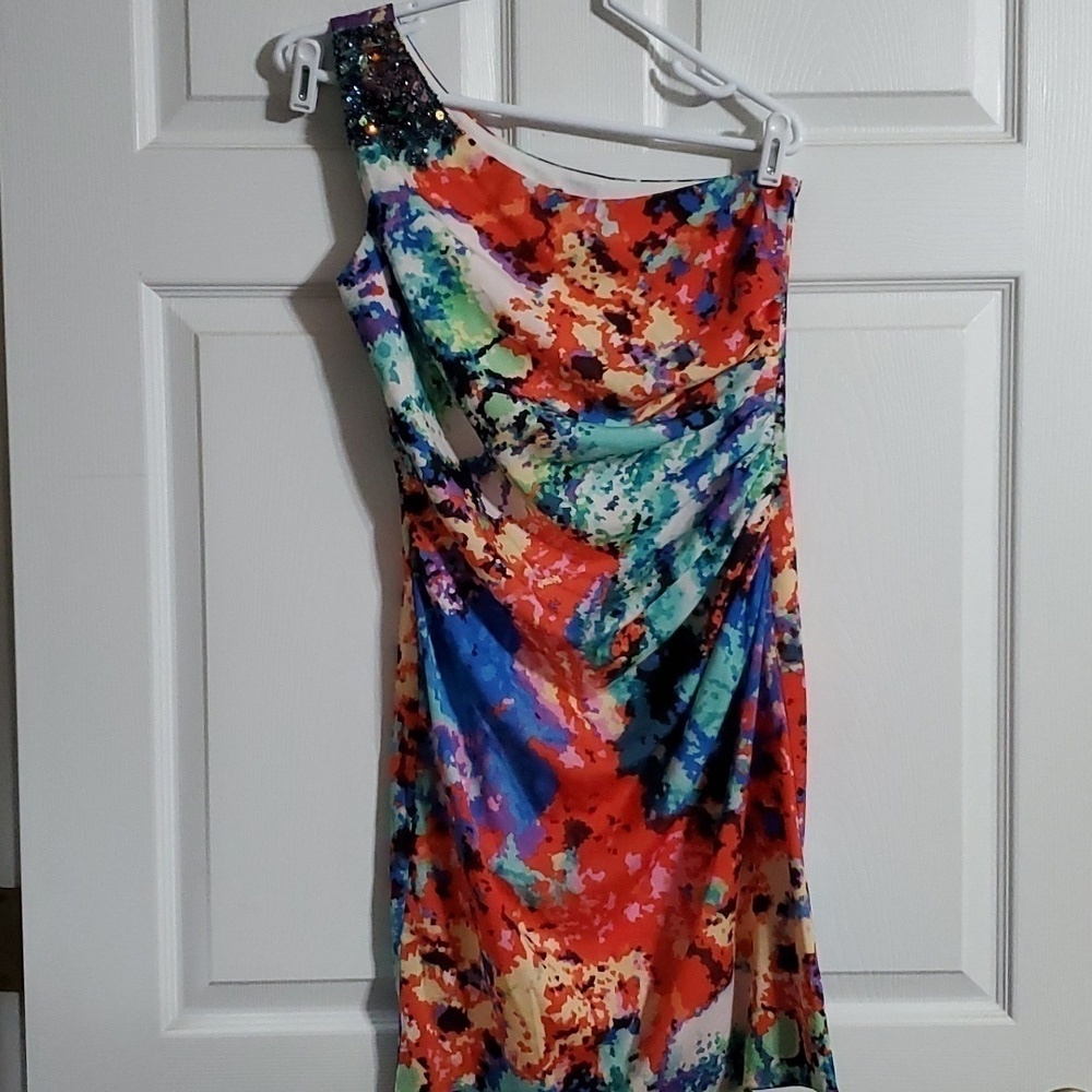JS Boutique One Shoulder Embelished Multicolor Side Rouched Dress Size 6